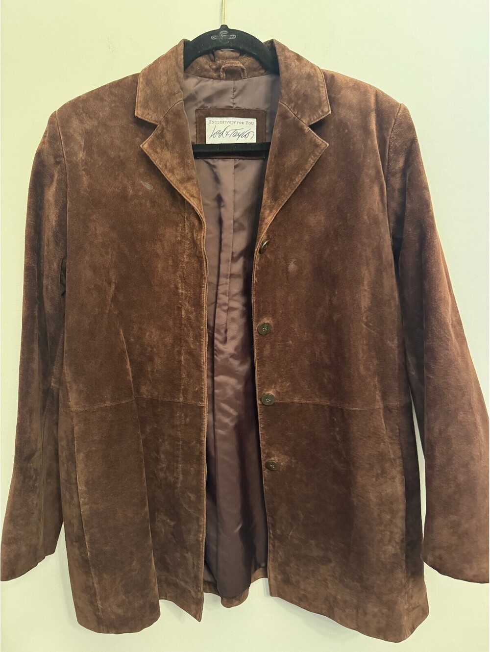 Vintage Lord & Taylor Brown Suede Leather Jacket 90s Boho Trench Blazer, Size PL